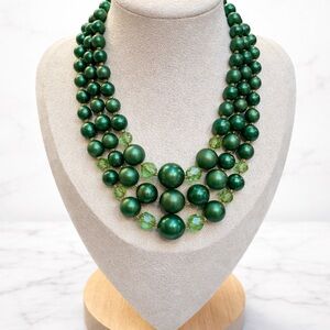 Vintage Style Triple Strand Emerald Green Beaded Gold Tone Statement Necklace